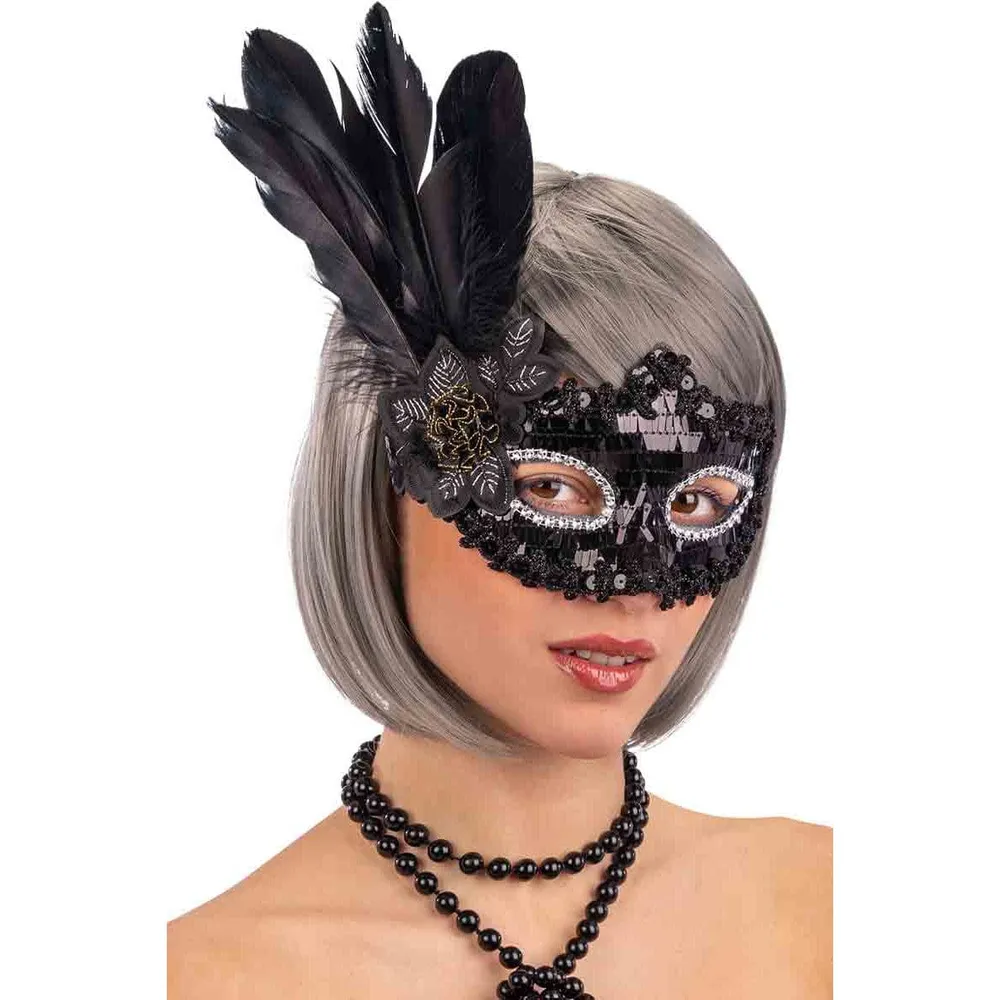Masque vénitien sequins et plumes – Soirée chic Alpha55
