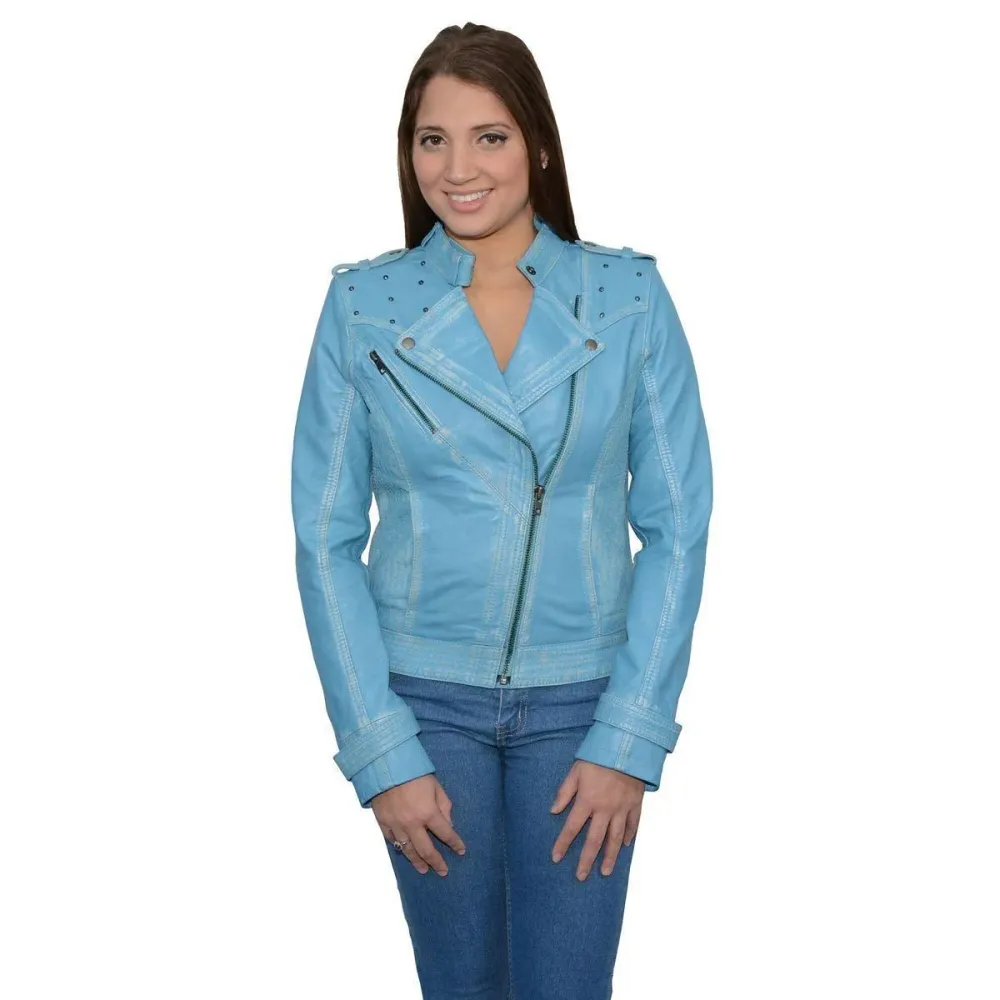 Milwaukee Leather SFL2840 Women's Maiden Aqua Premium Sheepskin Motorcycle Fashion Cuir grainé Jacket Studs
