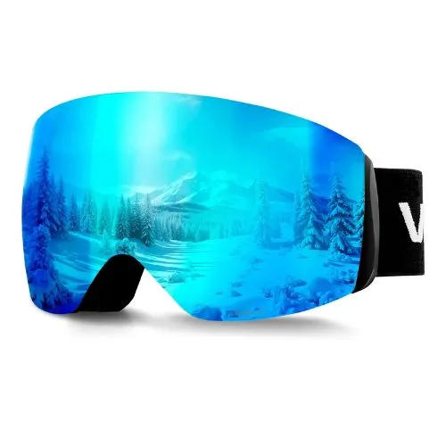 Frameless Ski Goggles Blue Revo Spherical Lens OTG Anti-Fog Men, Women & Youth avec Revêtement imperméable