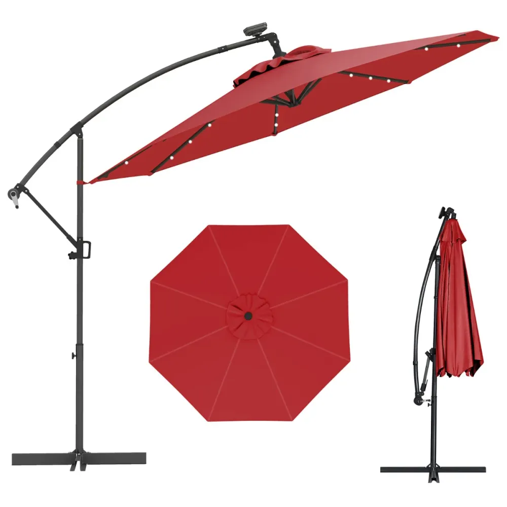 Parasol déporté 3 m avec 24 lumières solaires rotatif 360° angle réglable design tendance en aluminium rouge 20_0013014