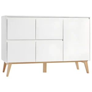 Commode 4 tiroirs 1 porte Swing - Blanc et bois - Montage Direct