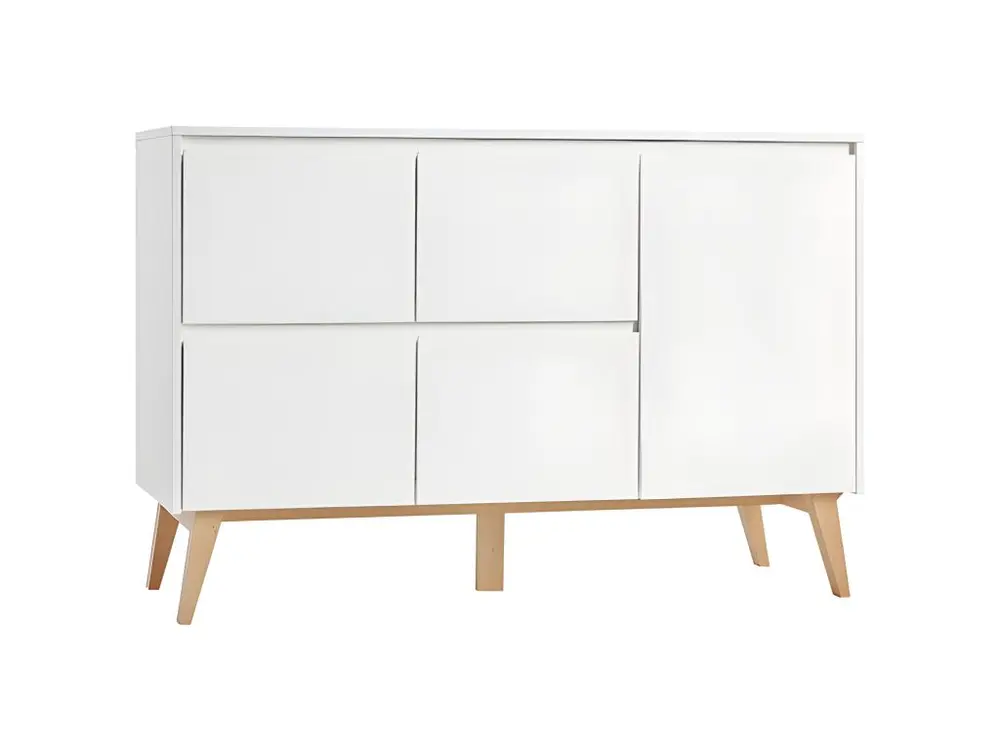 Commode 4 tiroirs 1 porte Swing - Blanc et bois - Montage Direct