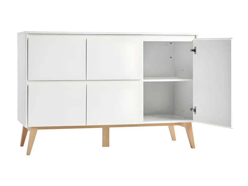 Commode 4 tiroirs 1 porte Swing - Blanc et bois - Montage Direct