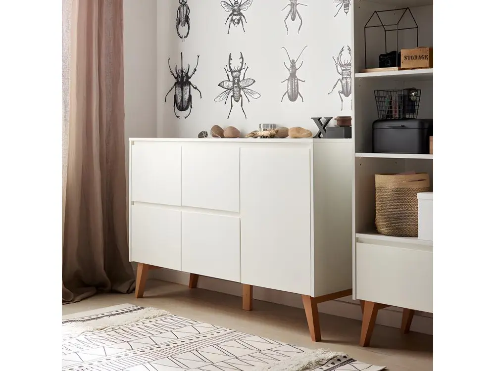 Commode 4 tiroirs 1 porte Swing - Blanc et bois - Montage Direct