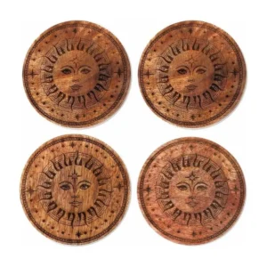 Professionnel Set de 4 sous-verres rond Soleil en bois sculpté