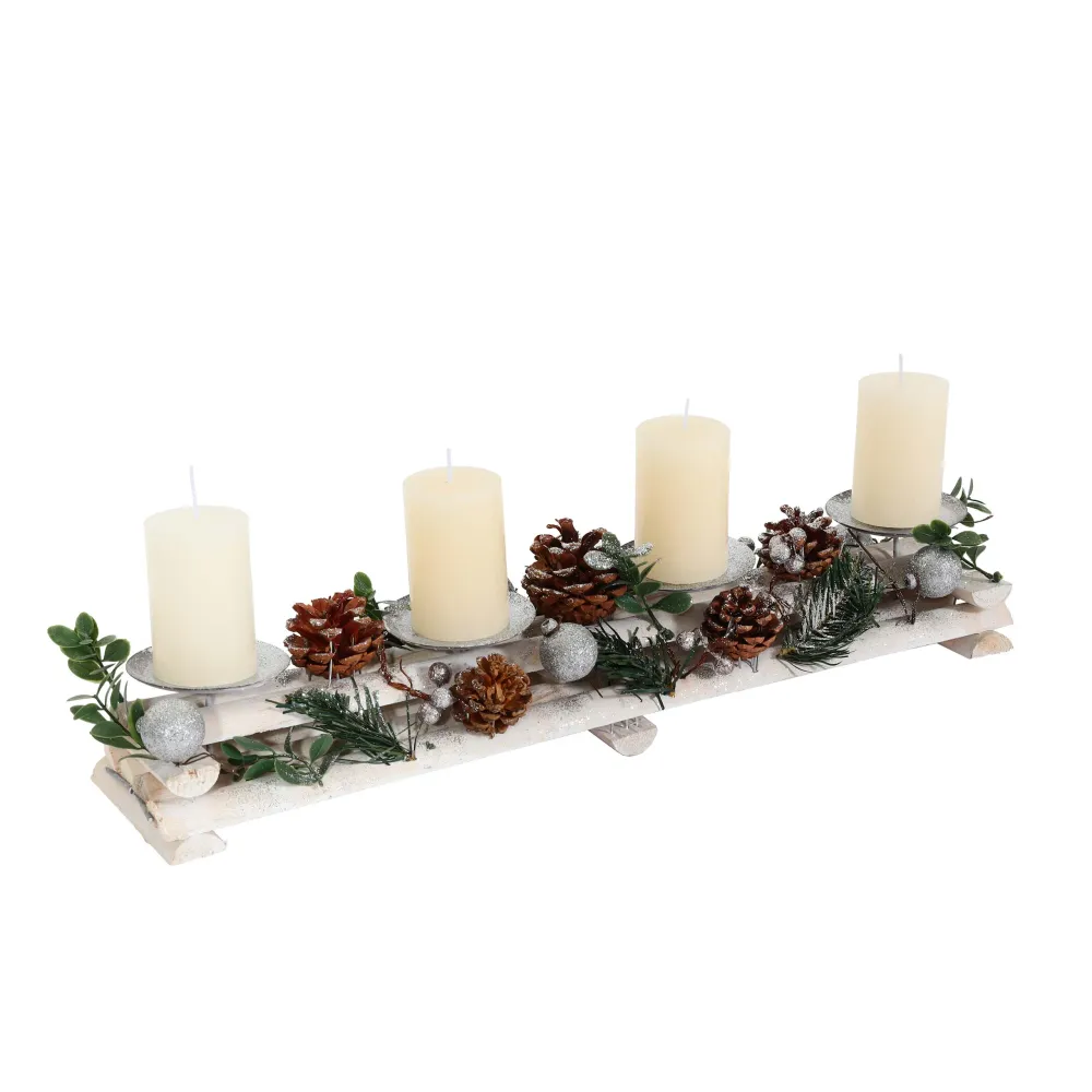 Composition de l'Avent avec 4 bougies blanches couronne décoration de noël bois argent blanc 18 x 49 x 13 cm 04_0005770