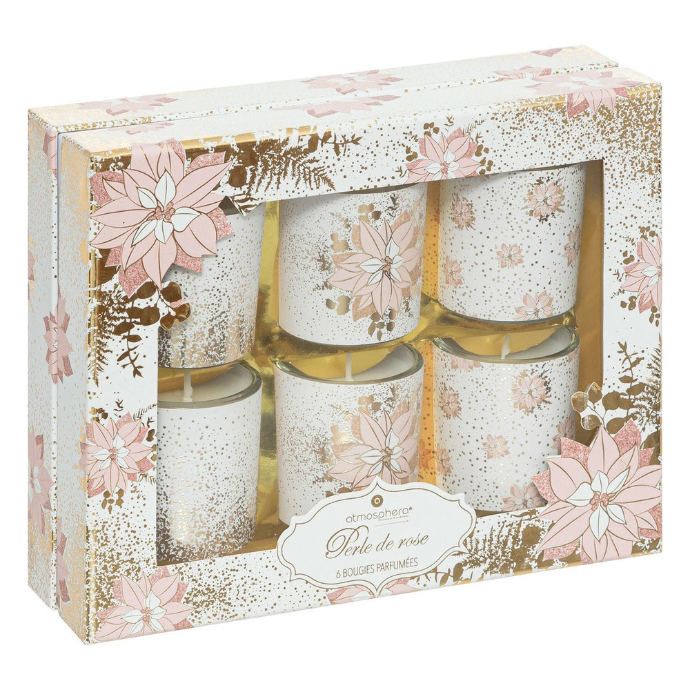 Lot de 6 bougies parfumées dans photophores en verre 240g perle de rose