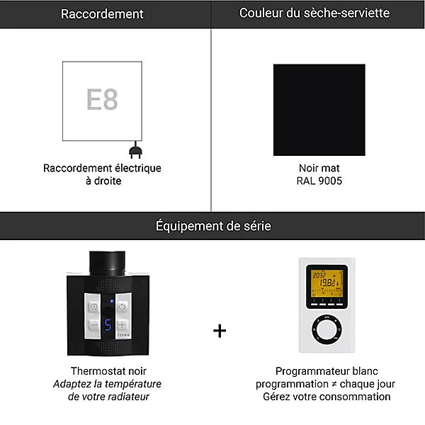 Système de freinage Sèche-serviette électrique paramétrable noir - HxL : 1390x400 mm - 400 Watt - VIV1390/400E8NP