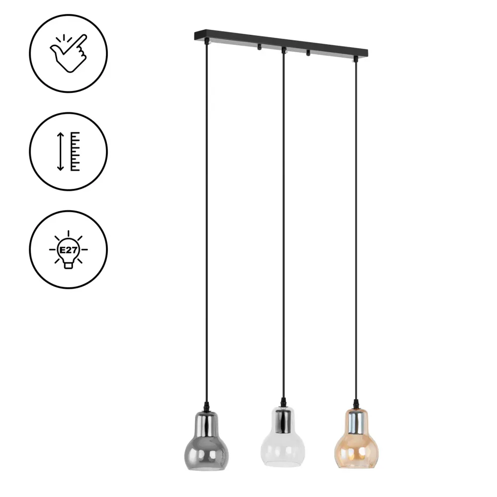 Plafonnier 3 ampoules en forme de cloche en verre fumé abs verre fer ambre clair noir gris argent métallisé 14_0009519