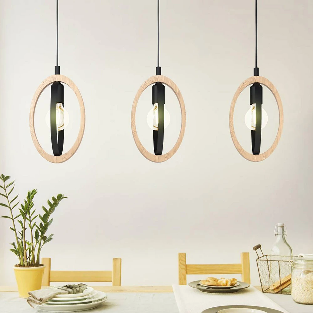 Suspension Basildon détails bois 3 lampes linéaire