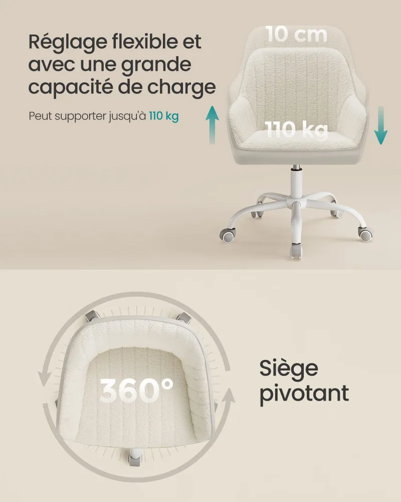 Chaise de bureau avec surface en tissu velours fauteuil pivotant siège ergonomique rembourrage en mousse hauteur réglable...