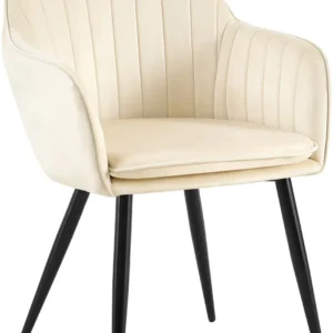 Fauteuil élégant en velours crème avec coutures verticales et pieds métal noir 10_0007697