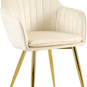 Fauteuil élégant en velours crème avec coutures verticales et pieds métal dorés 10_0007686