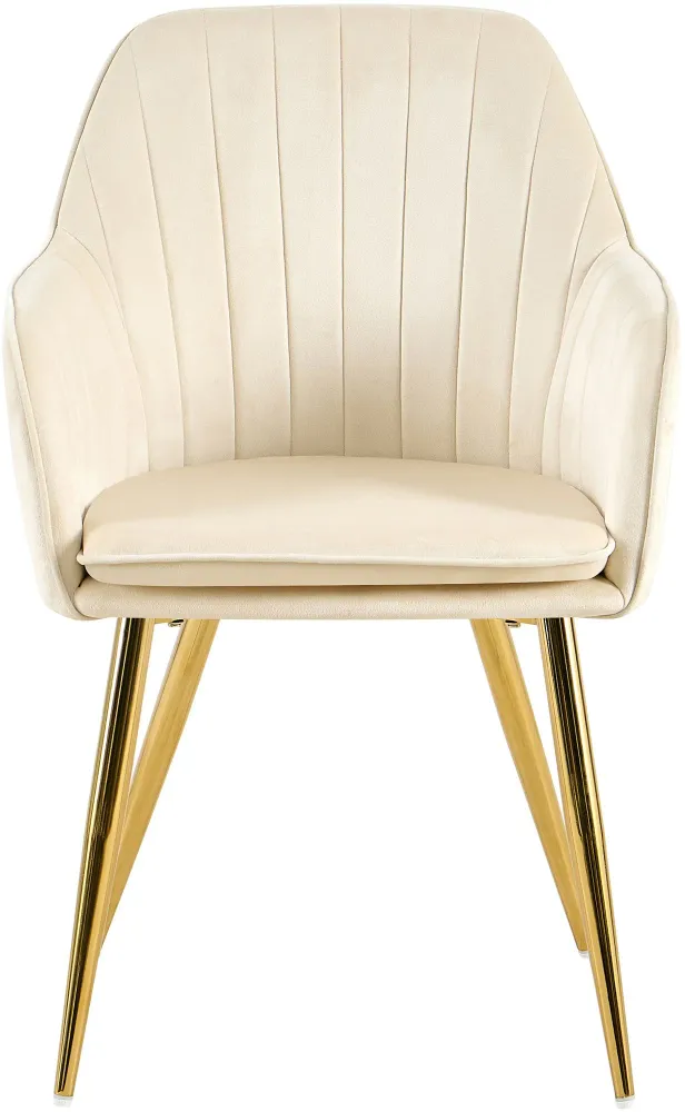 Fauteuil élégant en velours crème avec coutures verticales et pieds métal dorés 10_0007686