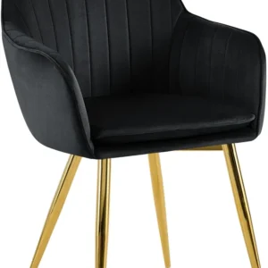 Fauteuil élégant en velours noir avec coutures verticales et pieds métal dorés 10_0007455