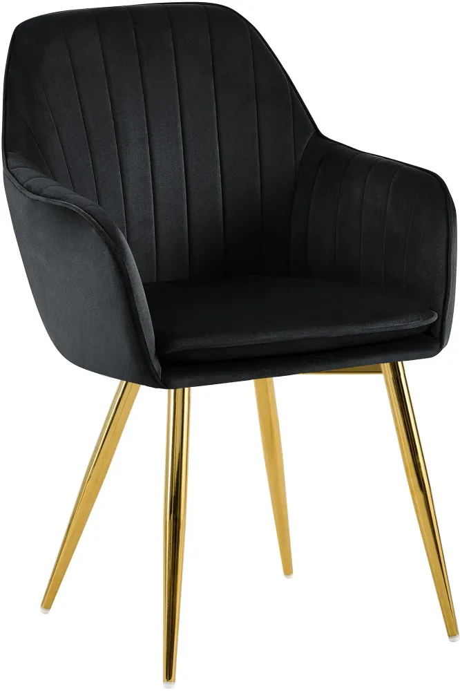 Fauteuil élégant en velours noir avec coutures verticales et pieds métal dorés 10_0007455