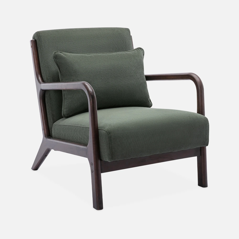 Fauteuil velours côtelé vert . Pieds bois d'hévé teinté wengé. 1 place droit fixe. Pieds compas scandinave. Structure...