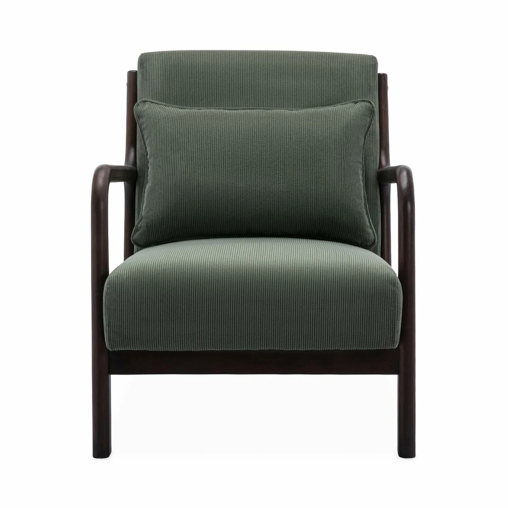 Fauteuil velours côtelé vert . Pieds bois d'hévé teinté wengé. 1 place droit fixe. Pieds compas scandinave. Structure...