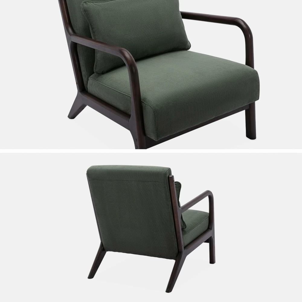 Fauteuil velours côtelé vert . Pieds bois d'hévé teinté wengé. 1 place droit fixe. Pieds compas scandinave. Structure...