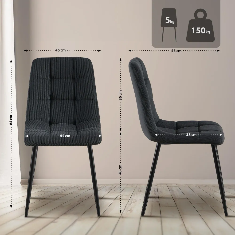 Lot de 4 chaises de salle à manger coutures décoratives carrées en velours côtelé noir et métal noir 10_0007642
