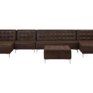 6 Seater U-Shaped Configurable Faux Leather Sofa Ottoman Brown ABERDEEN