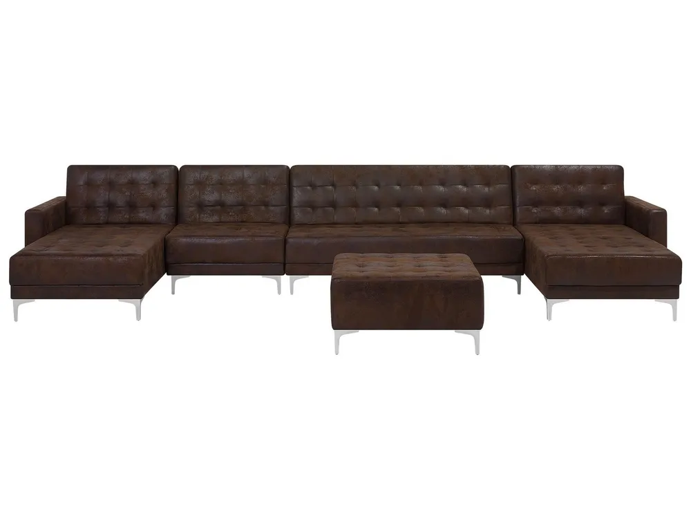 6 Seater U-Shaped Configurable Faux Leather Sofa Ottoman Brown ABERDEEN