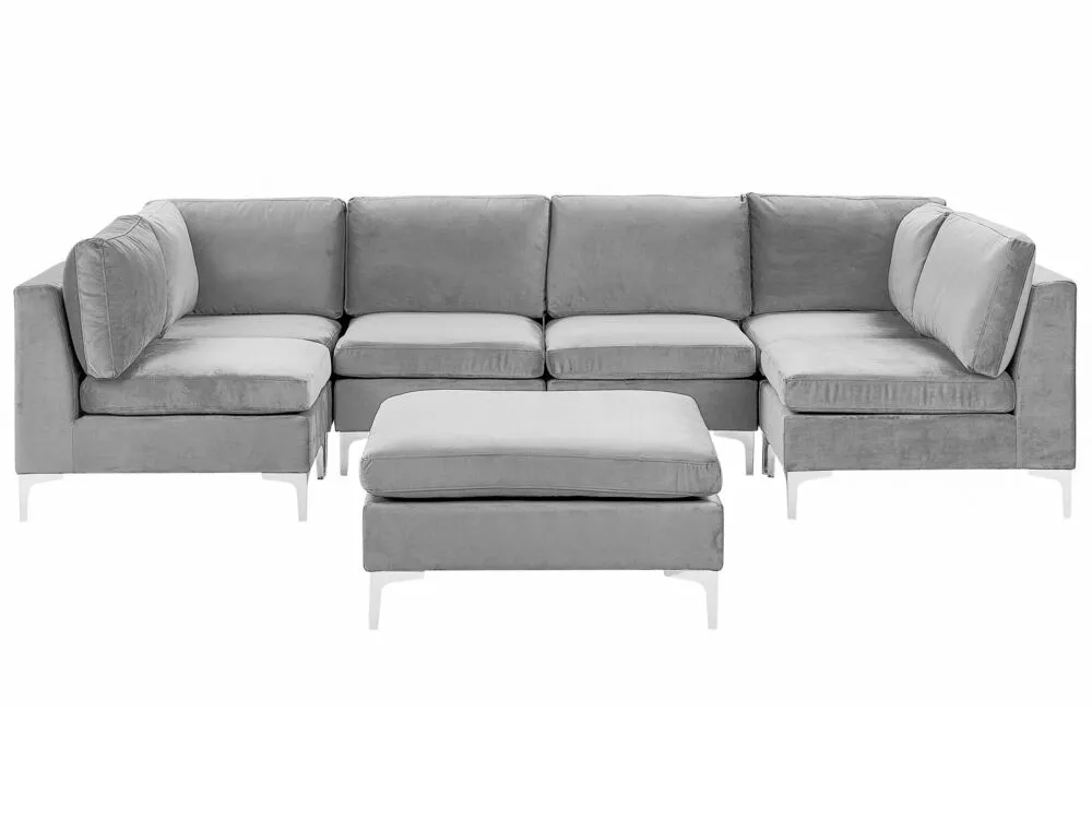 6 Seater U-Shaped Configurable Velvet Sofa Ottoman Grey EVJA