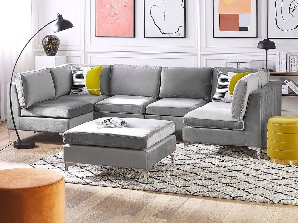 6 Seater U-Shaped Configurable Velvet Sofa Ottoman Grey EVJA