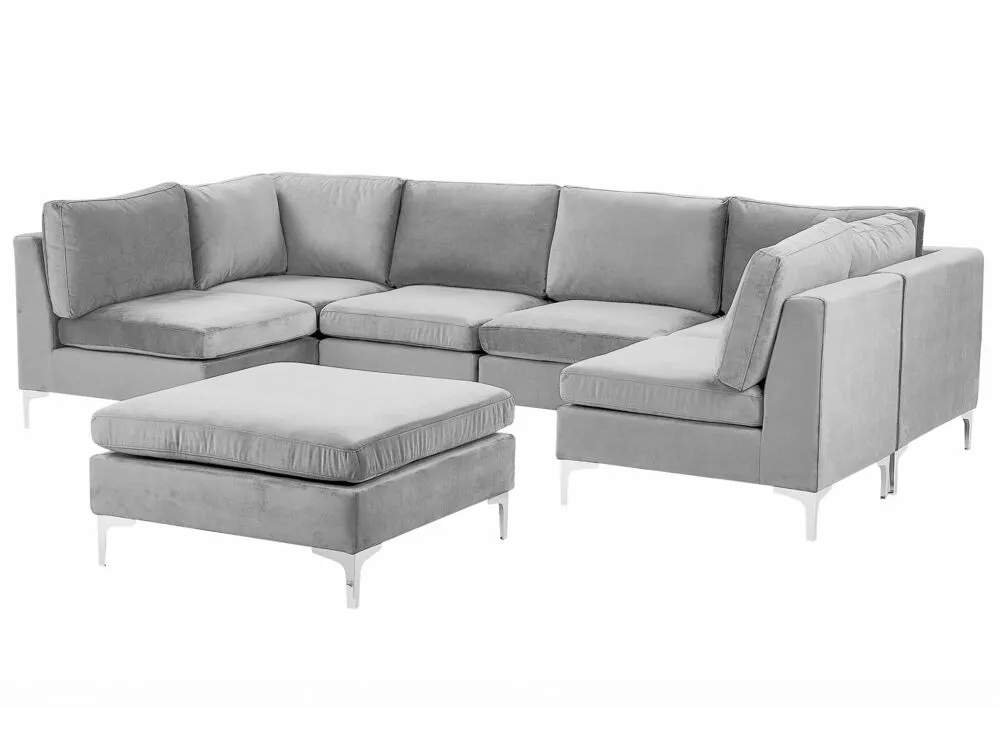 6 Seater U-Shaped Configurable Velvet Sofa Ottoman Grey EVJA