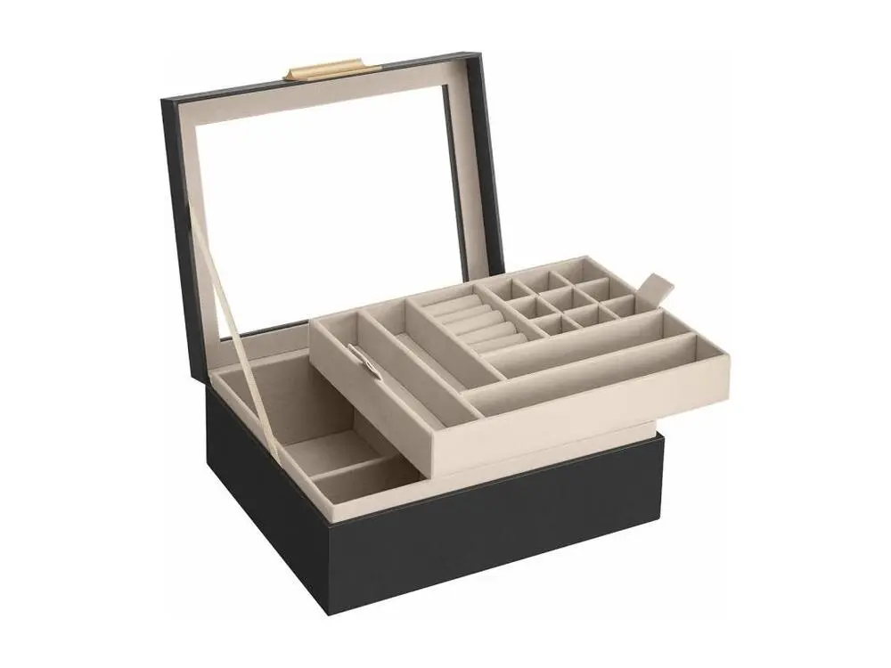 Boîte à bijoux avec couvercle vitré et finitions dorées avec fixation universelle