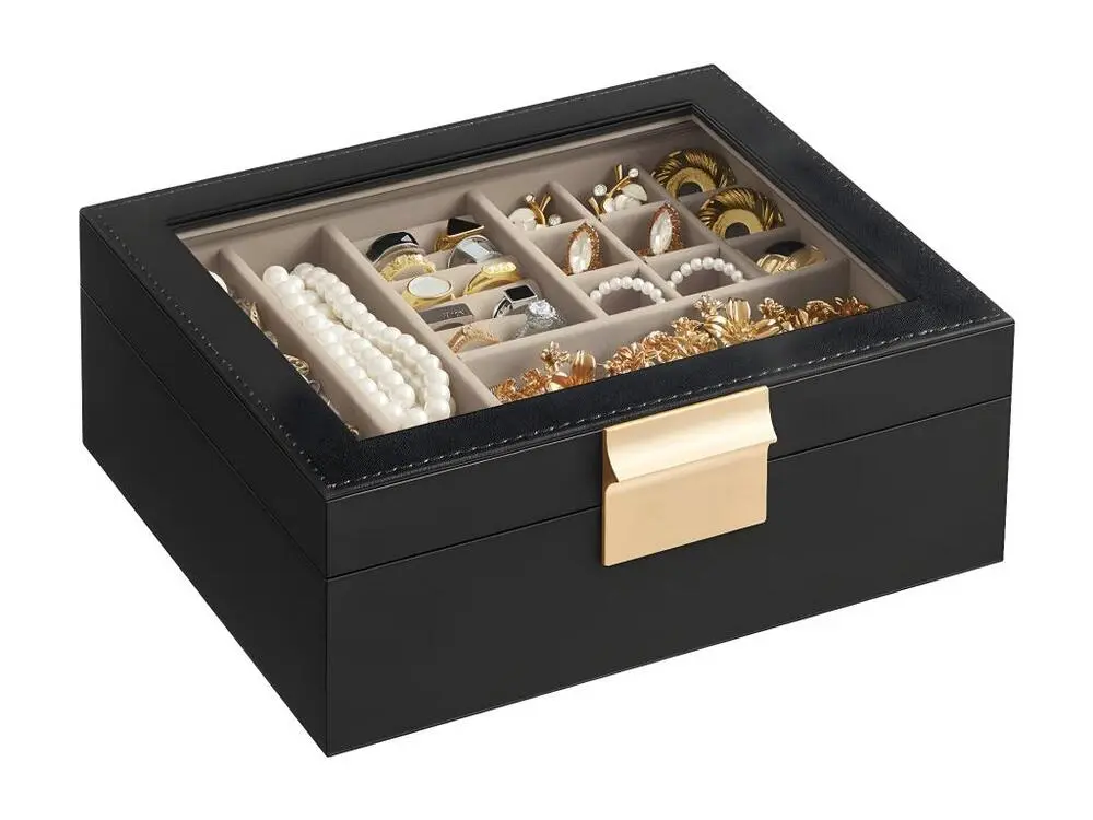 Boîte à bijoux avec couvercle vitré et finitions dorées avec fixation universelle