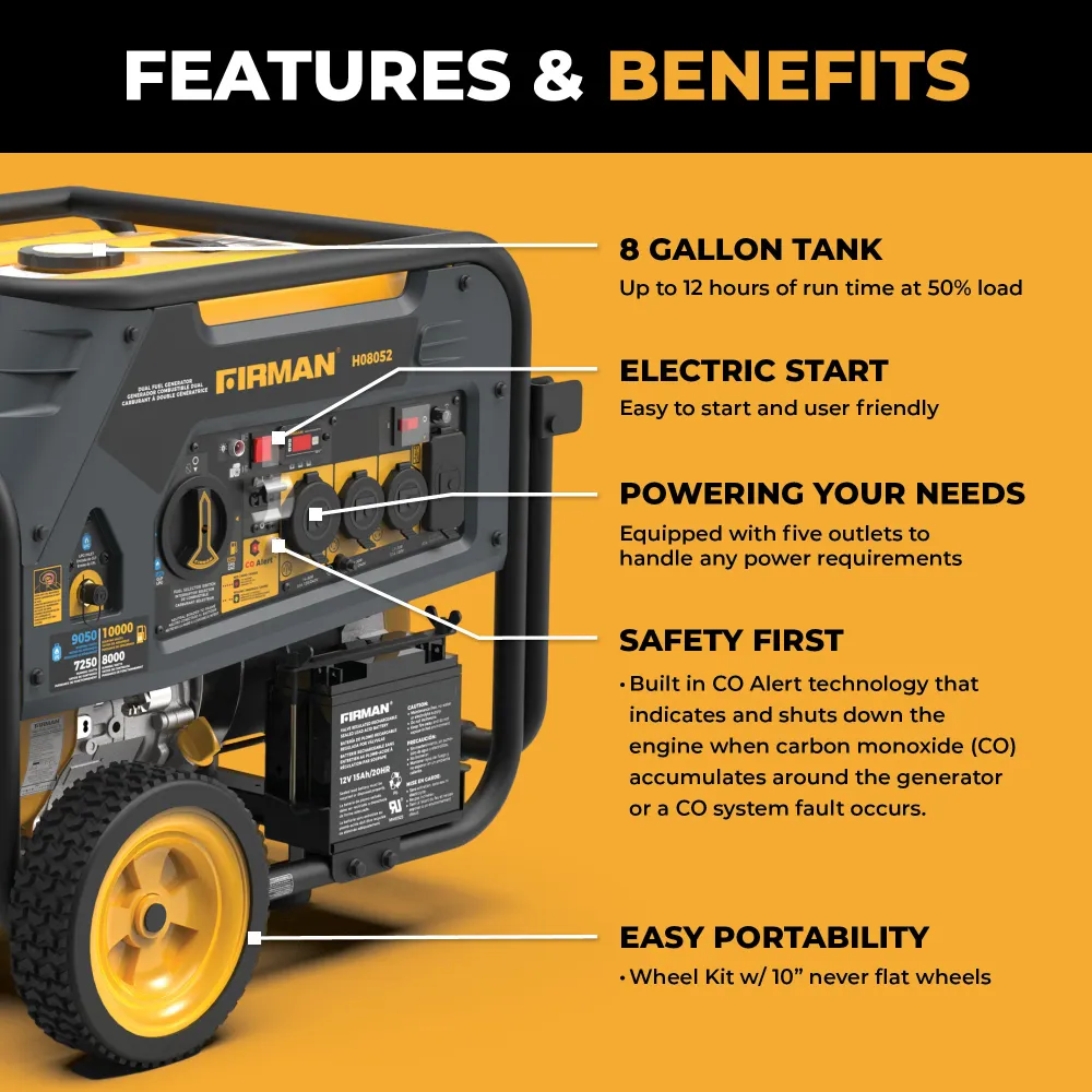 Duel Fuel Portable Generator 10000W Electric Start 120/240V CO alert