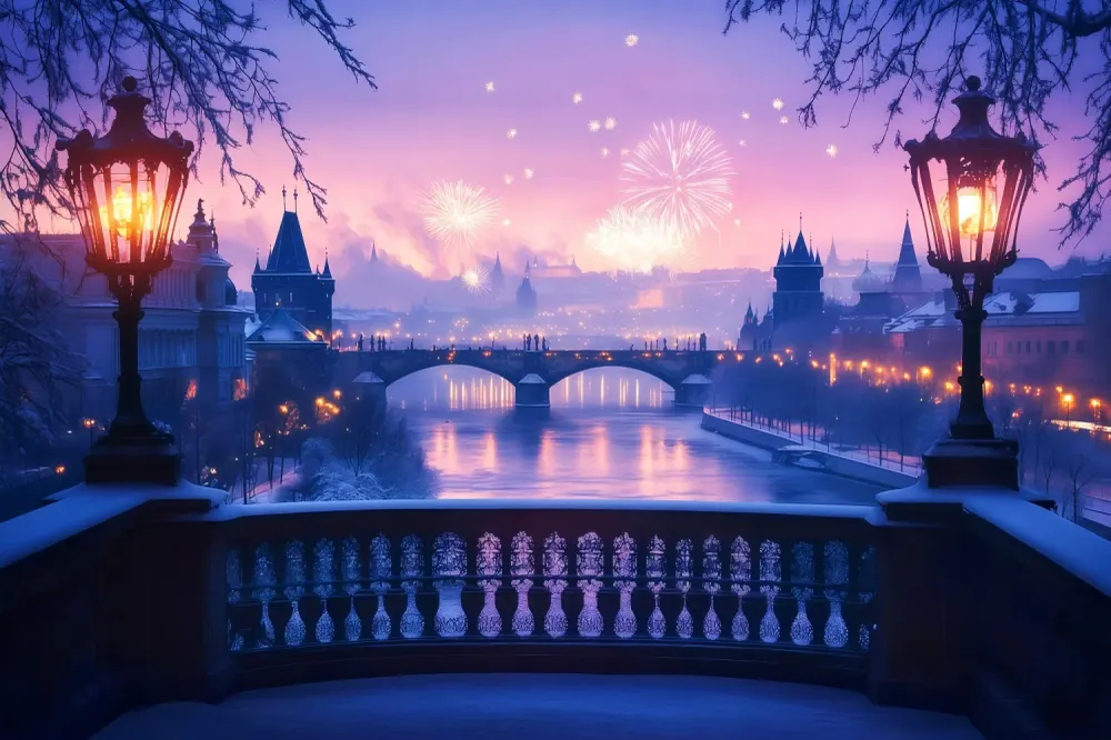 Filet de sécurité Toile de fond pour photos du Nouvel Rivière gelée Feux d'artifice Lueur Toile de fond nocturne TWW512-29