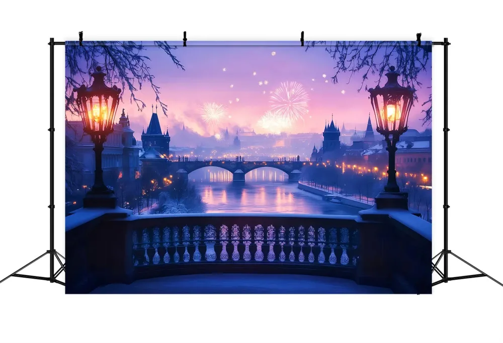 Filet de sécurité Toile de fond pour photos du Nouvel Rivière gelée Feux d'artifice Lueur Toile de fond nocturne TWW512-29