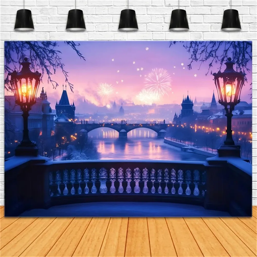Filet de sécurité Toile de fond pour photos du Nouvel Rivière gelée Feux d'artifice Lueur Toile de fond nocturne TWW512-29