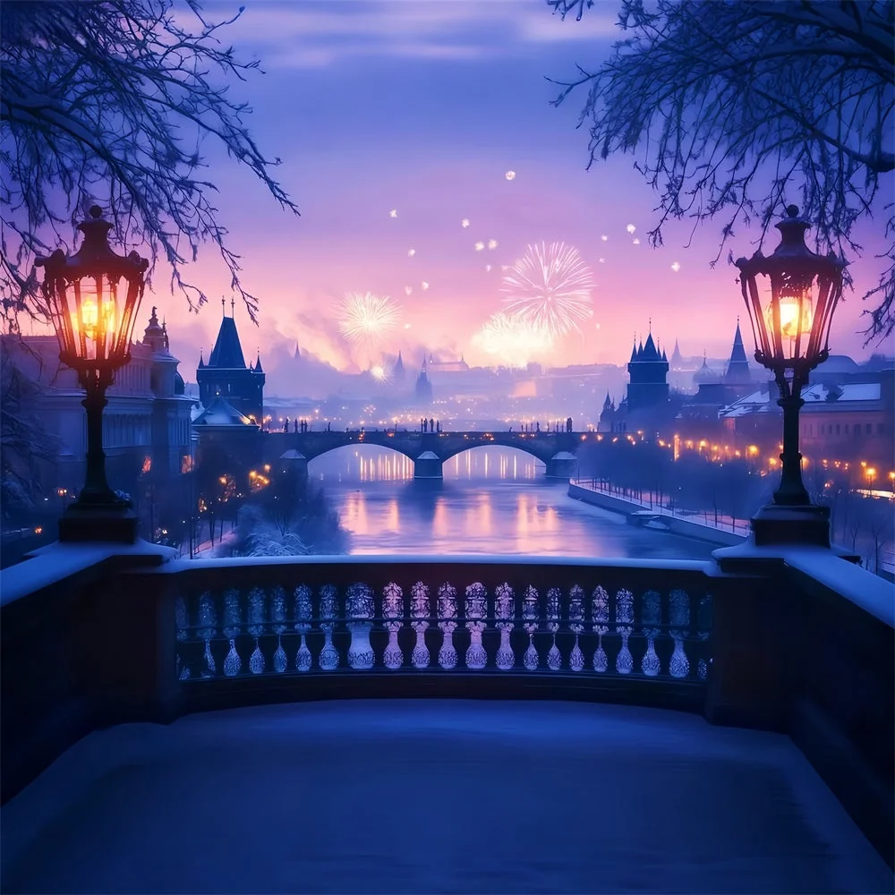 Filet de sécurité Toile de fond pour photos du Nouvel Rivière gelée Feux d'artifice Lueur Toile de fond nocturne TWW512-29