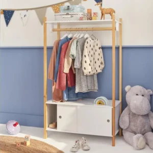 Penderie pour enfants - TOBIAS - deux portes coulissantes et portant bois massif en pin naturel blanc. 80X40X136.5CM Coffr...