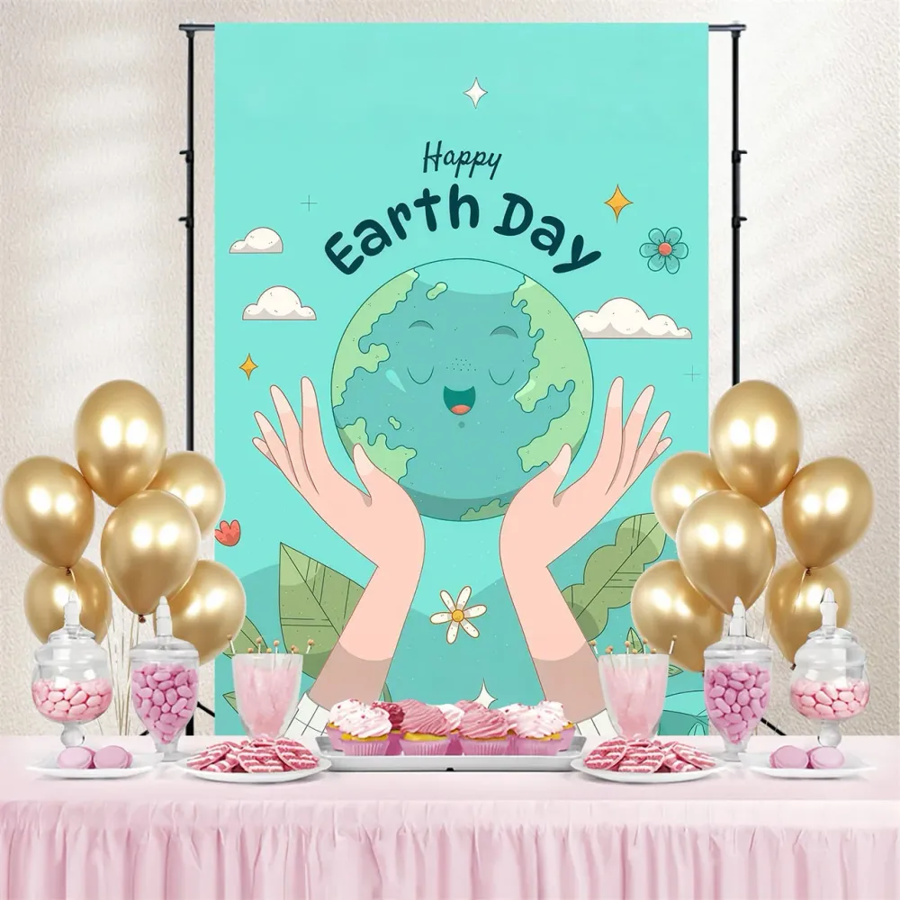 Toile de fond Joyeuse Journée de la Terre Mignon Terre Souriante avec Mains GTY3-64 | Résistant aux UV | Anti-déchirure