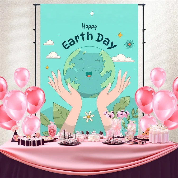 Toile de fond Joyeuse Journée de la Terre Mignon Terre Souriante avec Mains GTY3-64 | Résistant aux UV | Anti-déchirure