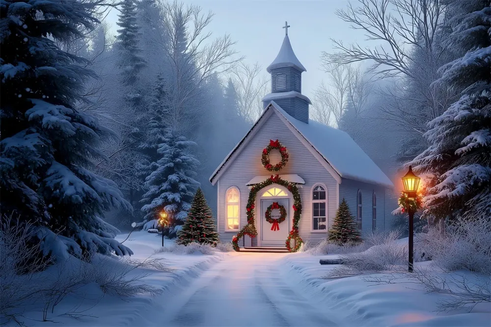 Toile de fond photo Noël Chapelle Givrée Lueur des Fêtes TWW59-113