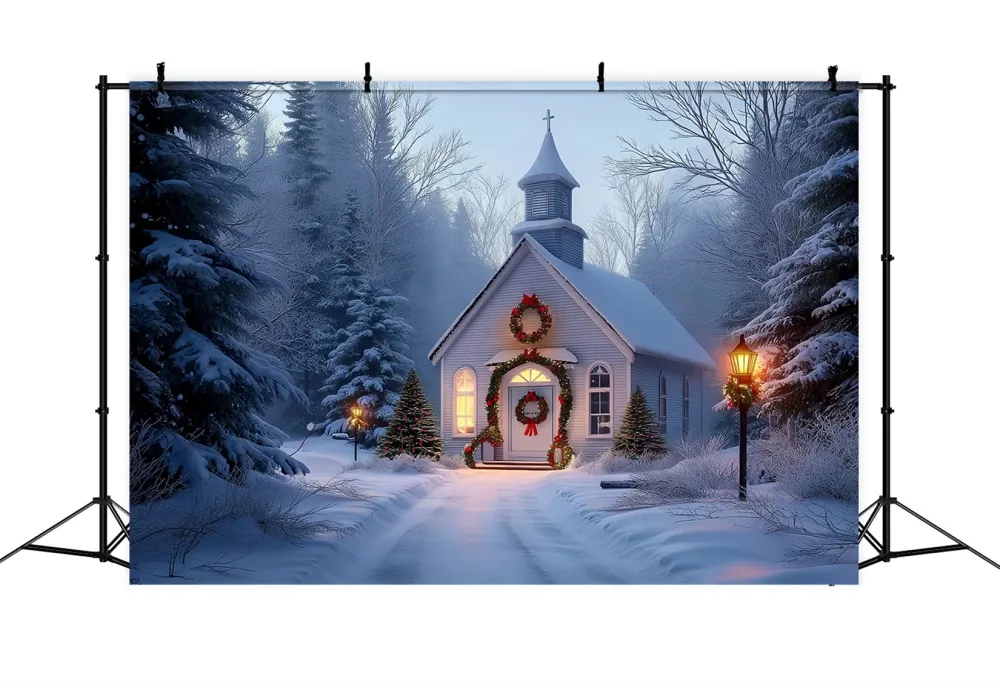 Toile de fond photo Noël Chapelle Givrée Lueur des Fêtes TWW59-113