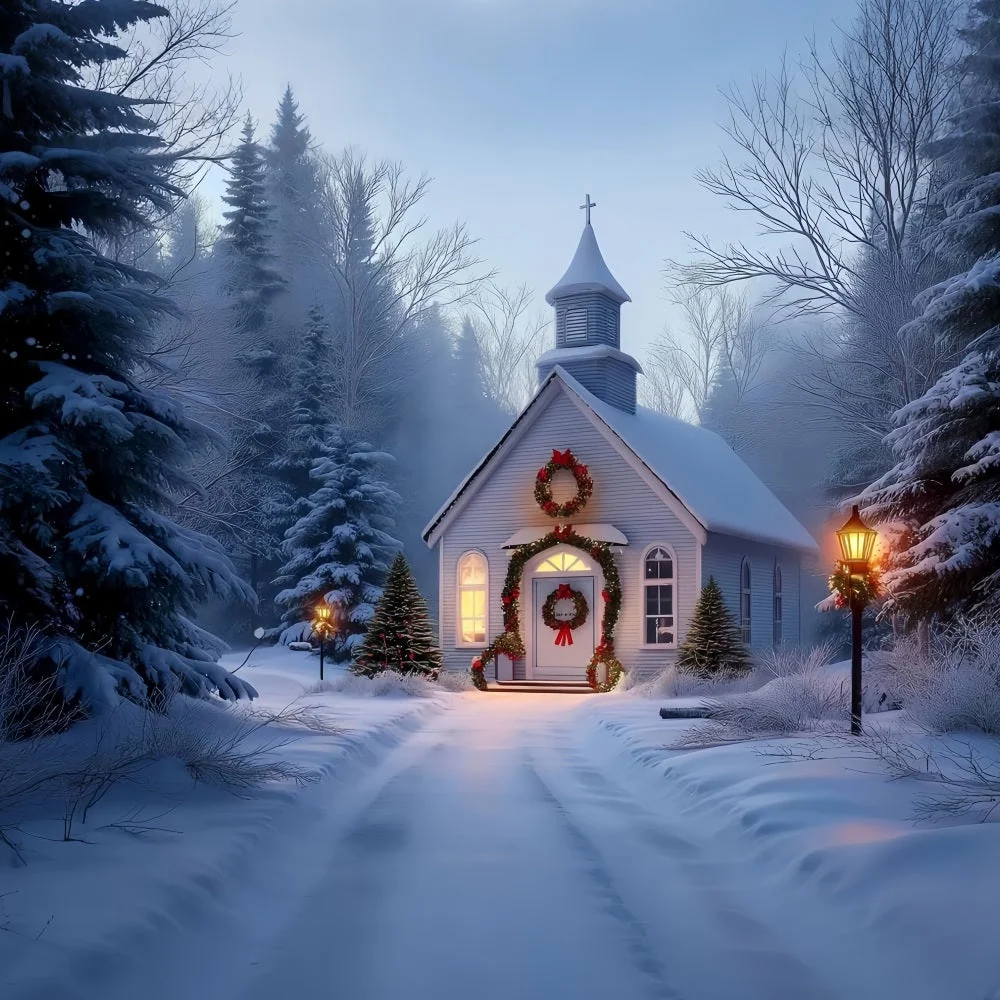 Toile de fond photo Noël Chapelle Givrée Lueur des Fêtes TWW59-113