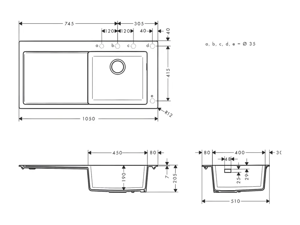 Evier à encastrer 1 bac HANSGROHE S51 450 égouttoir à gauche avec vidage auto noir graphite