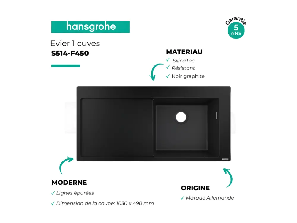 Evier à encastrer 1 bac HANSGROHE S51 450 égouttoir à gauche avec vidage auto noir graphite