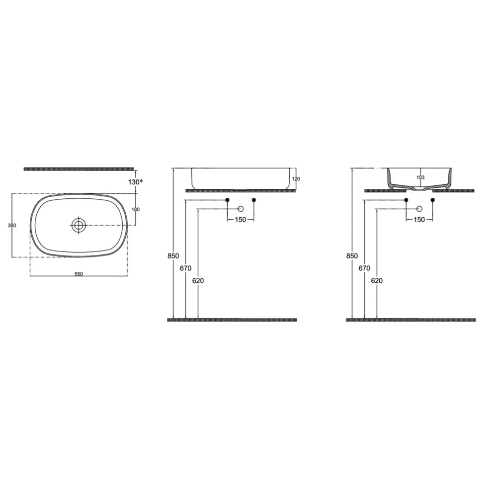 Lavabo d'appoggio ovale senza foro BathCore série Infinity 55x36 couleur Blanc Brillant