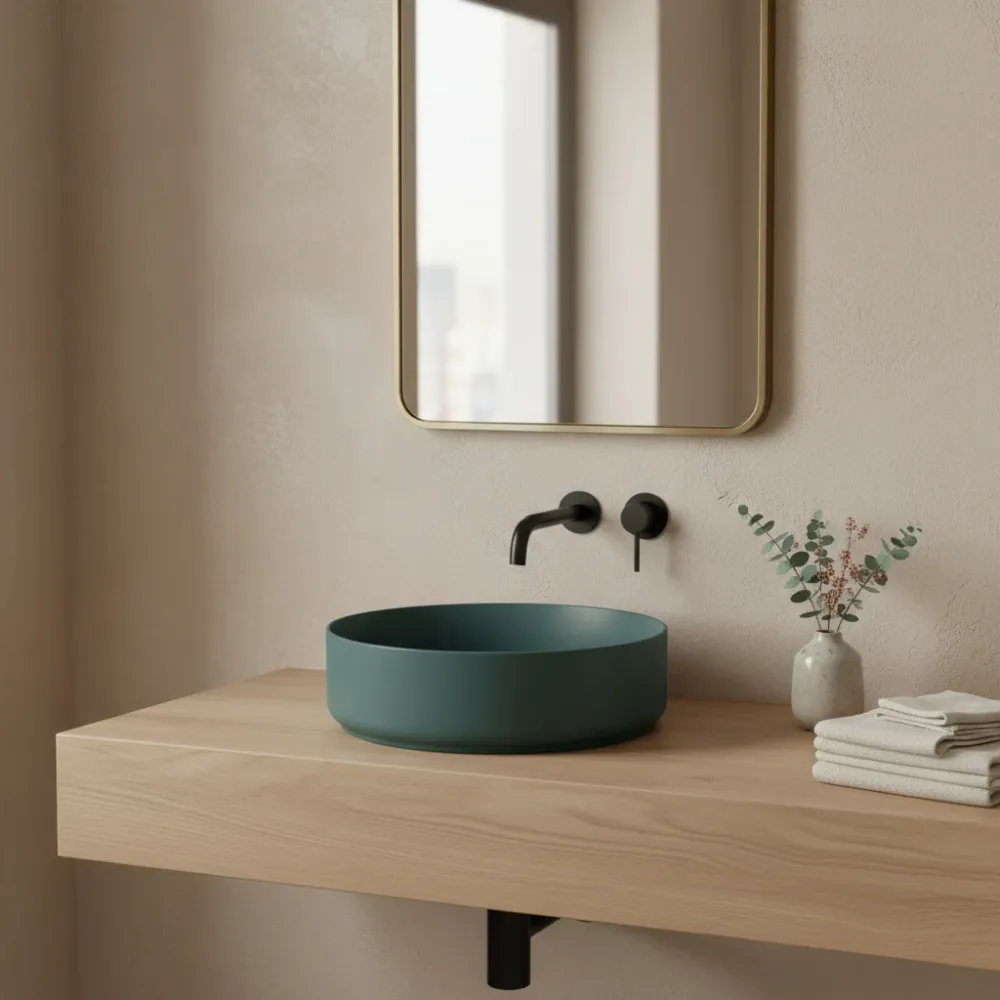 Lavabo d'appoggio rond sans trou BathCore série Infinity 36 cm couleur Vert Pétrole Mat