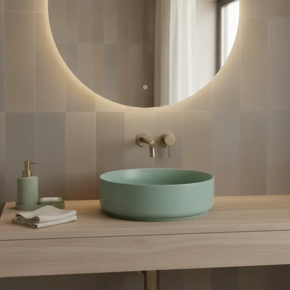 Lavabo d'appoggio rond sans trou BathCore série Infinity 36 cm couleur Menthe Mat