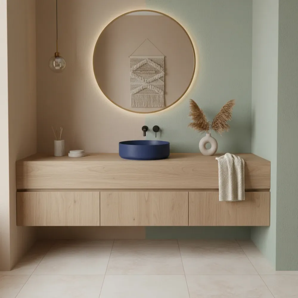 Lavabo d'appoggio tondo senza foro BathCore série Infinity 36 cm couleur Bleu Mat