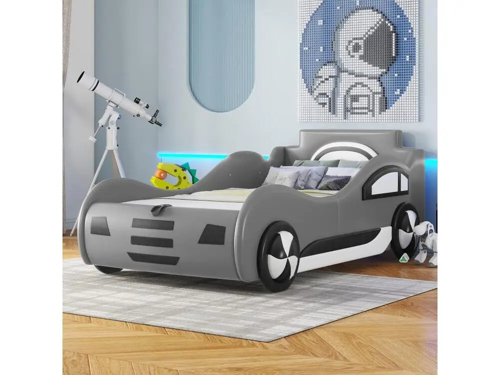 Lit enfant en forme de voiture - lit coffre en similicuir 90x200cm avec sommier à lattes - gris