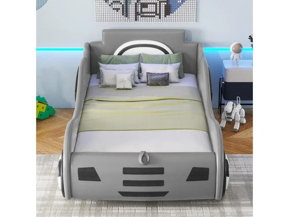 Lit enfant en forme de voiture - lit coffre en similicuir 90x200cm avec sommier à lattes - gris